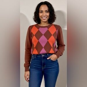 TWINKLE BY WENLAN Brown/Purple/Red Cropped Argyle Wool French Bulldog Sweater SM